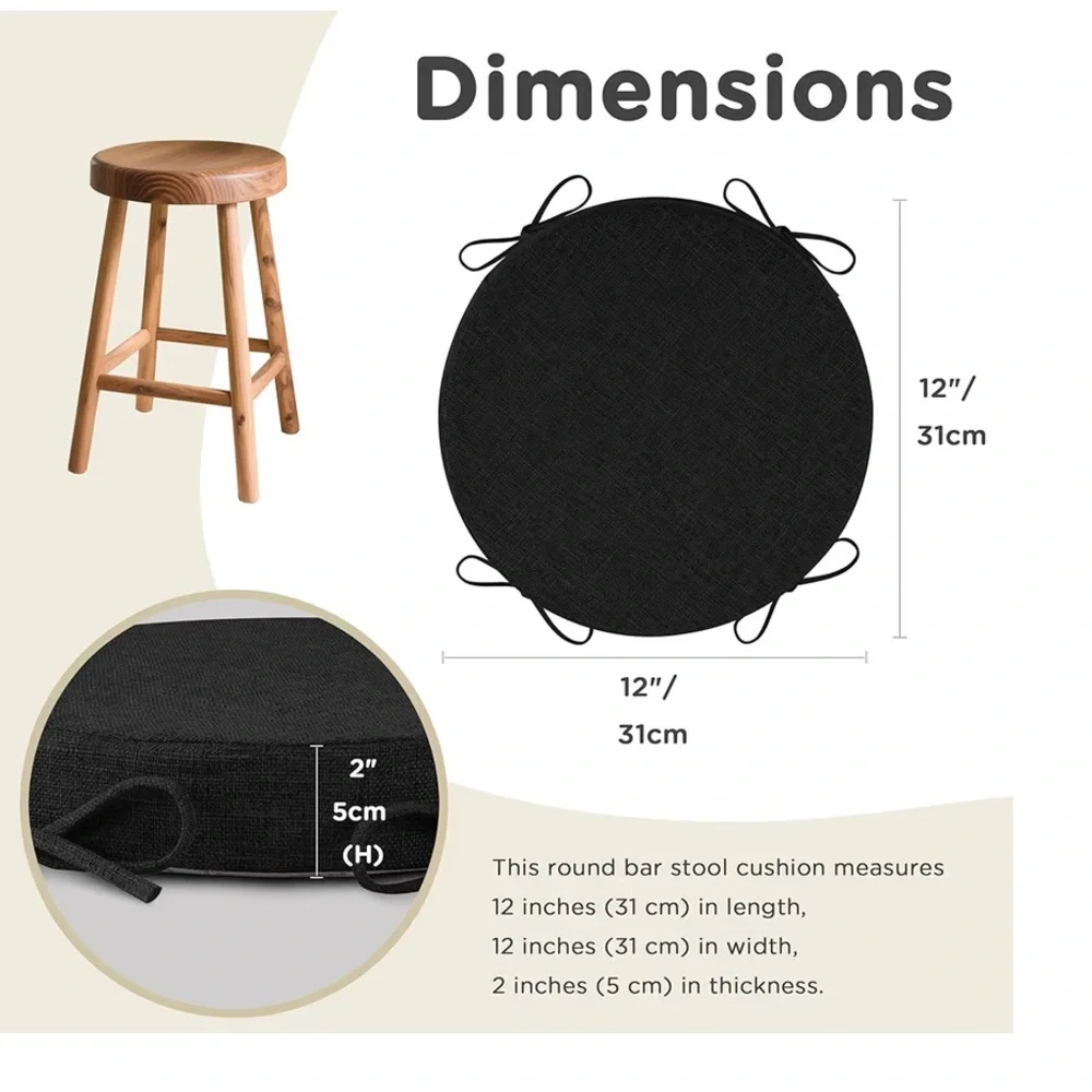 Round Bar Stool Cushions with Ties Non-Slip Washable Cover 12x12” (2-pack)